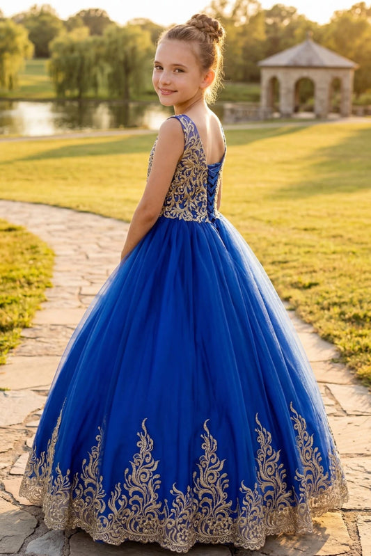 Featuring embroidered back above a tulle skirt, this is a Royal Blue kids dress.