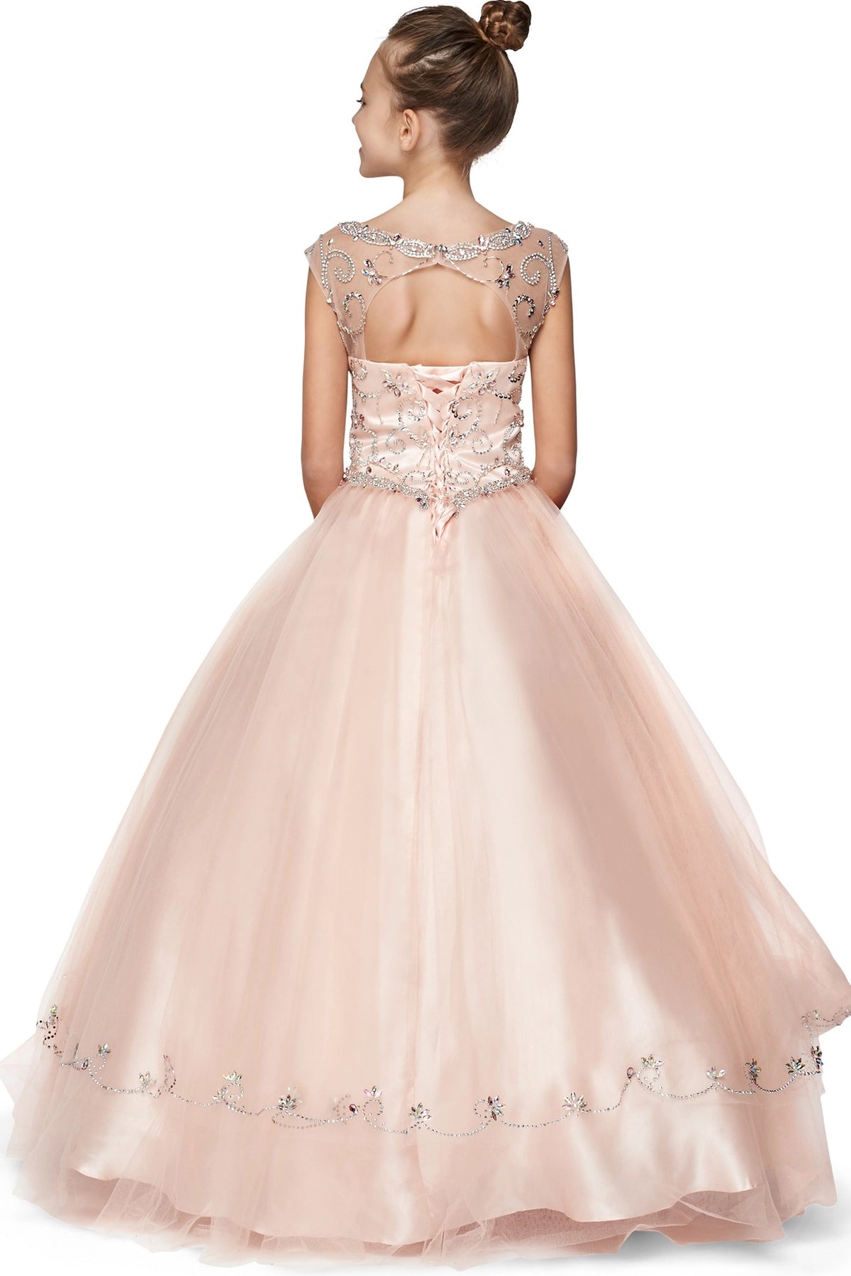 Featuring lace back and beaded floral skirt accents, this is a Blush kids dress.