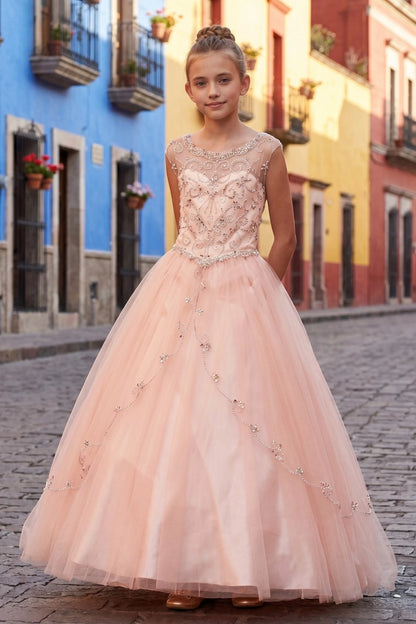 Highlighting beaded bodice and floral accents on tulle on the Blush kids dress.