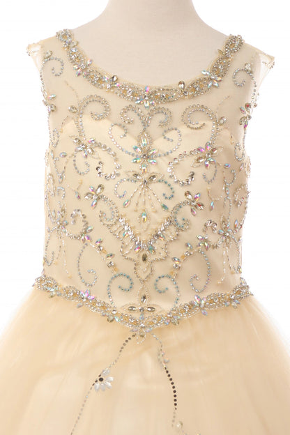 Details of the Blush kids dress show rhinestone floral scrollwork on the bodice.