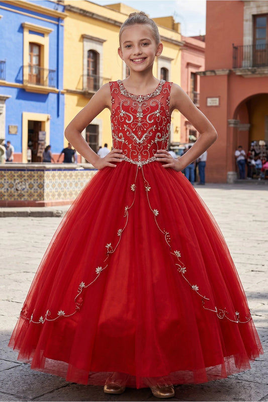A Red kids dress with beaded bodice and floral skirt accents.