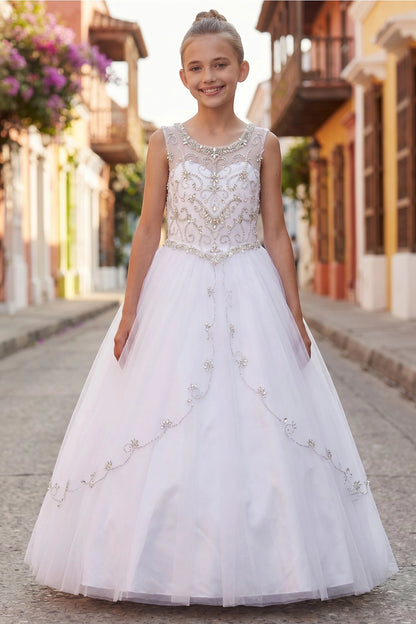 A White kids dress with beaded sleeveless bodice and floral tulle skirt.