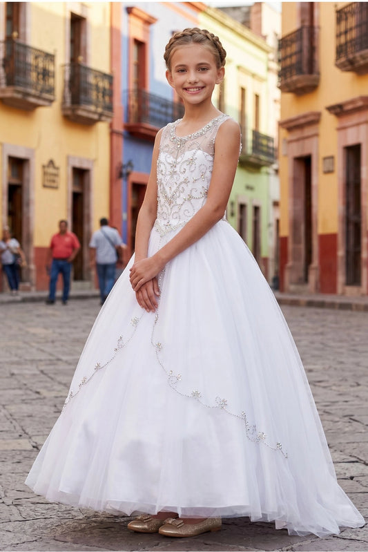 Featuring rhinestone bodice above flowing tulle layers, this is a White kids dress.