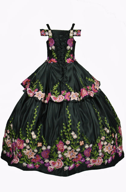 Black back view kids mini quinceañera ball gown with off-shoulder embroidered satin folklorico satin fabric