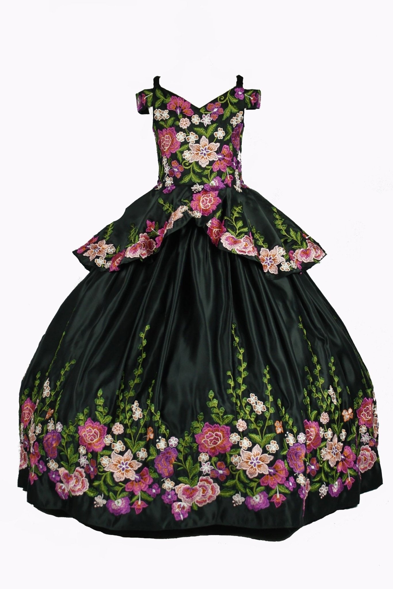 Black Kids Mini Quinceanera Ball Gown Folklorico Design 12 / Black