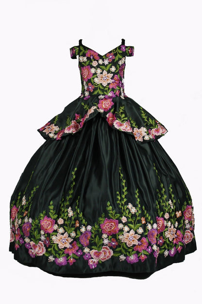 Black full front view kids mini quinceañera ball gown with off-shoulder embroidered satin folklorico design