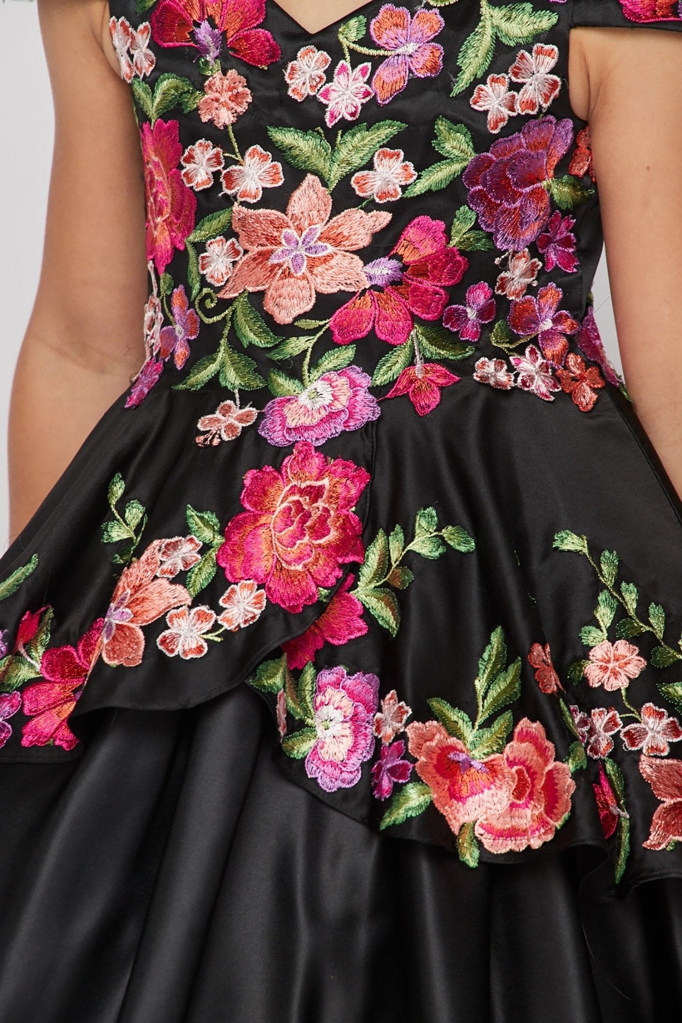 Black front zoom kids mini quinceañera mini quince dress with off-shoulder embroidered satin folklorico satin fabric.