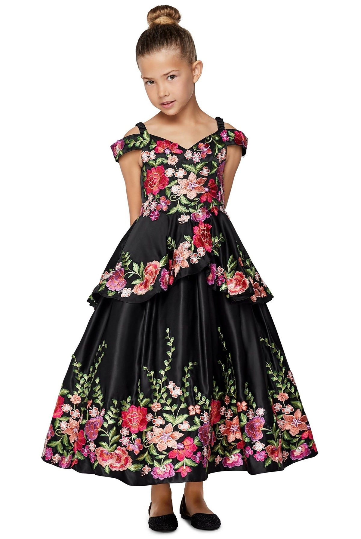 Black front view kids mini quinceañera mini quince dress with off-shoulder embroidered satin folklorico design.