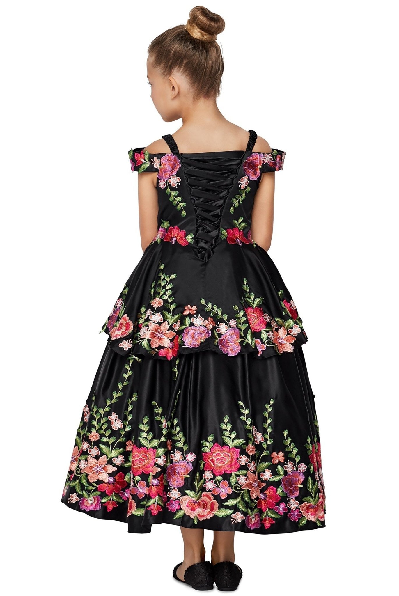 Black back view kids mini quinceañera mini quince dress with off-shoulder embroidered satin folklorico design.
