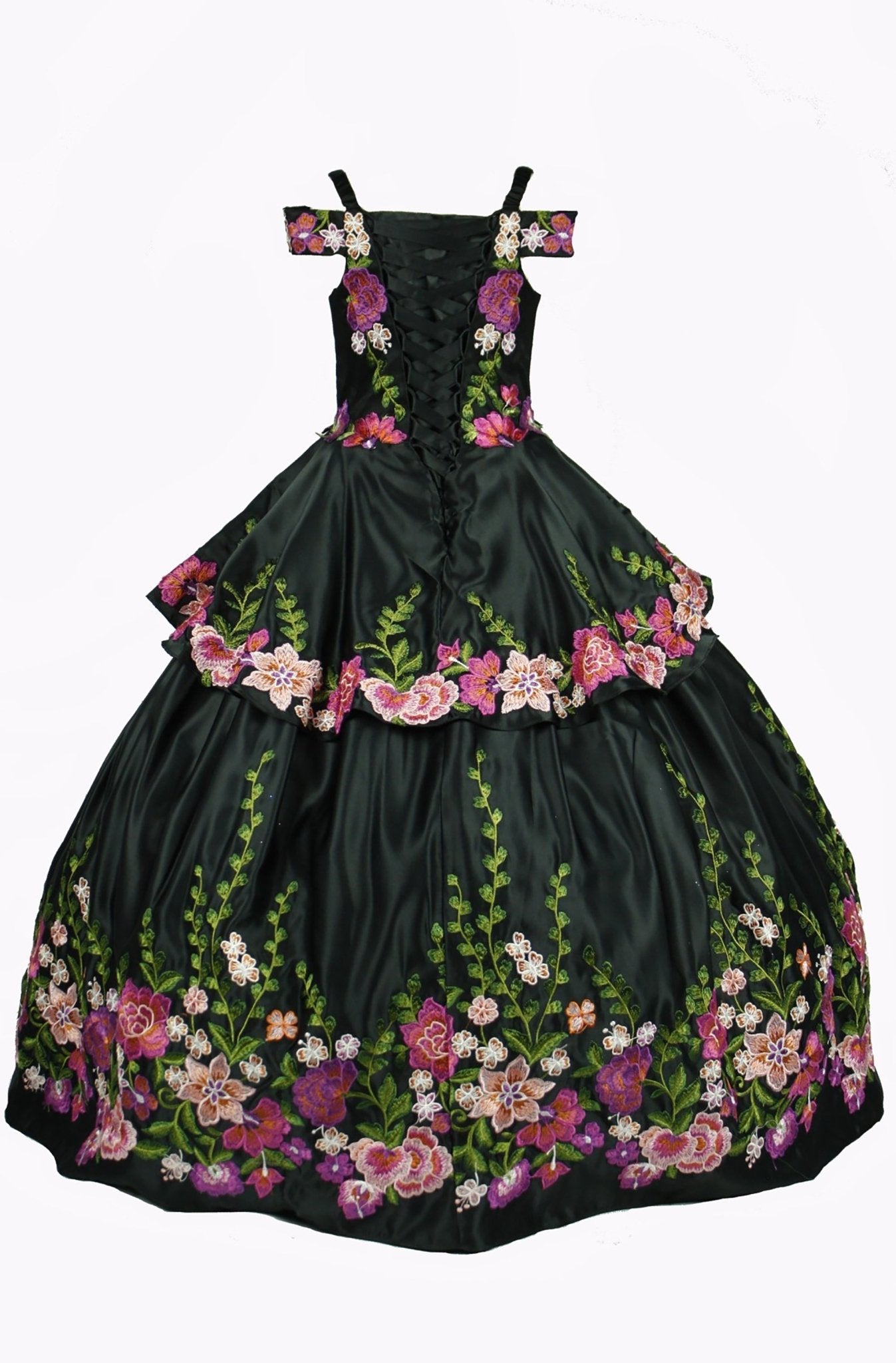 Black back view kids mini quinceañera mini quince dress with off-shoulder embroidered satin folklorico satin fabric.