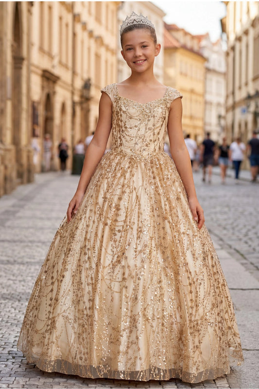 Champagne mini quince dress with metallic glitter across a full ball gown skirt.