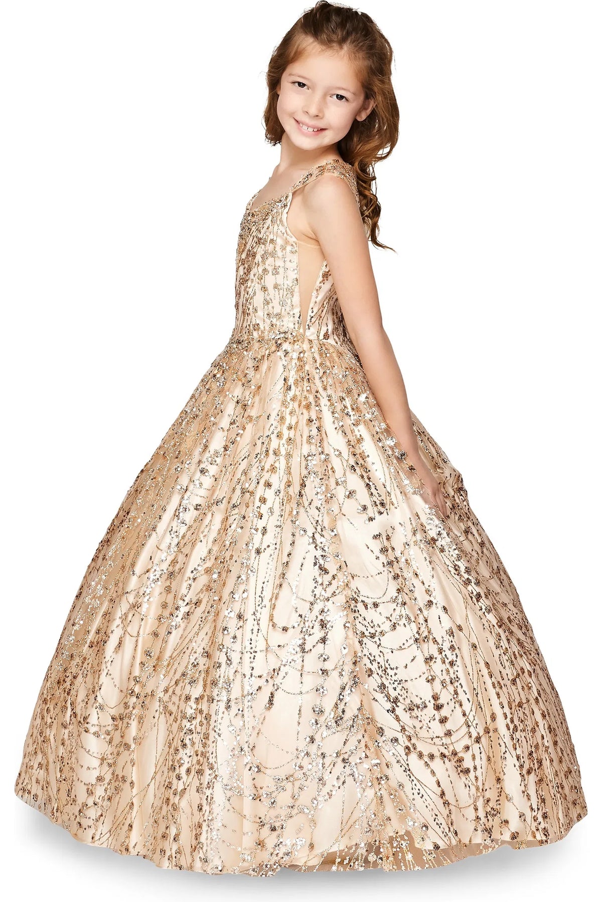 Showcasing a beaded bodice and glittering full skirt on the Champagne mini quince dress.