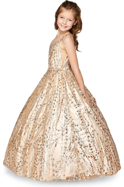 Showcasing a beaded bodice and glittering full skirt on the Champagne mini quince dress.