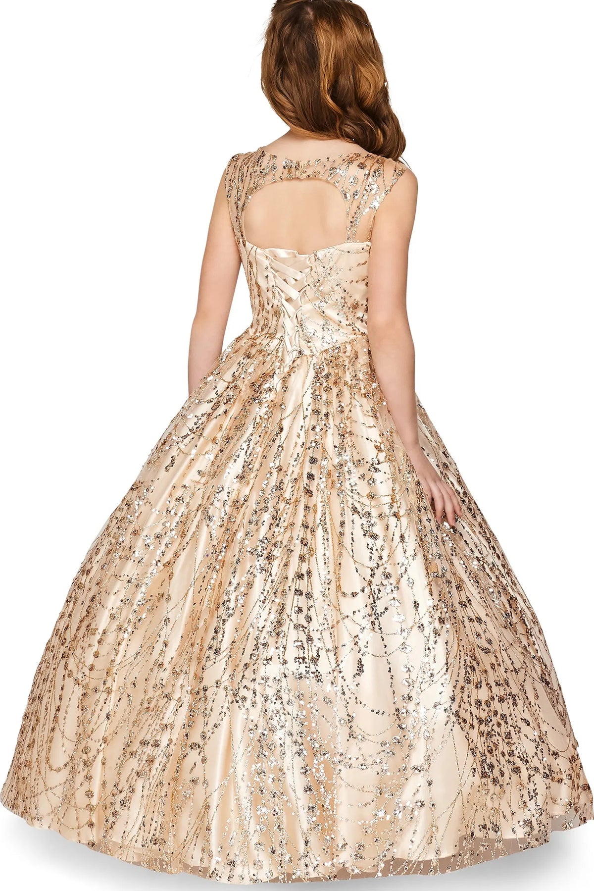 Details of this Champagne mini quince dress include a keyhole upper back and lace-up closure.