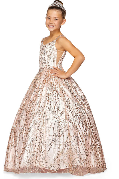Showcasing sparkling bodice detail and a full glitter skirt on the Rose Gold mini quince dress.