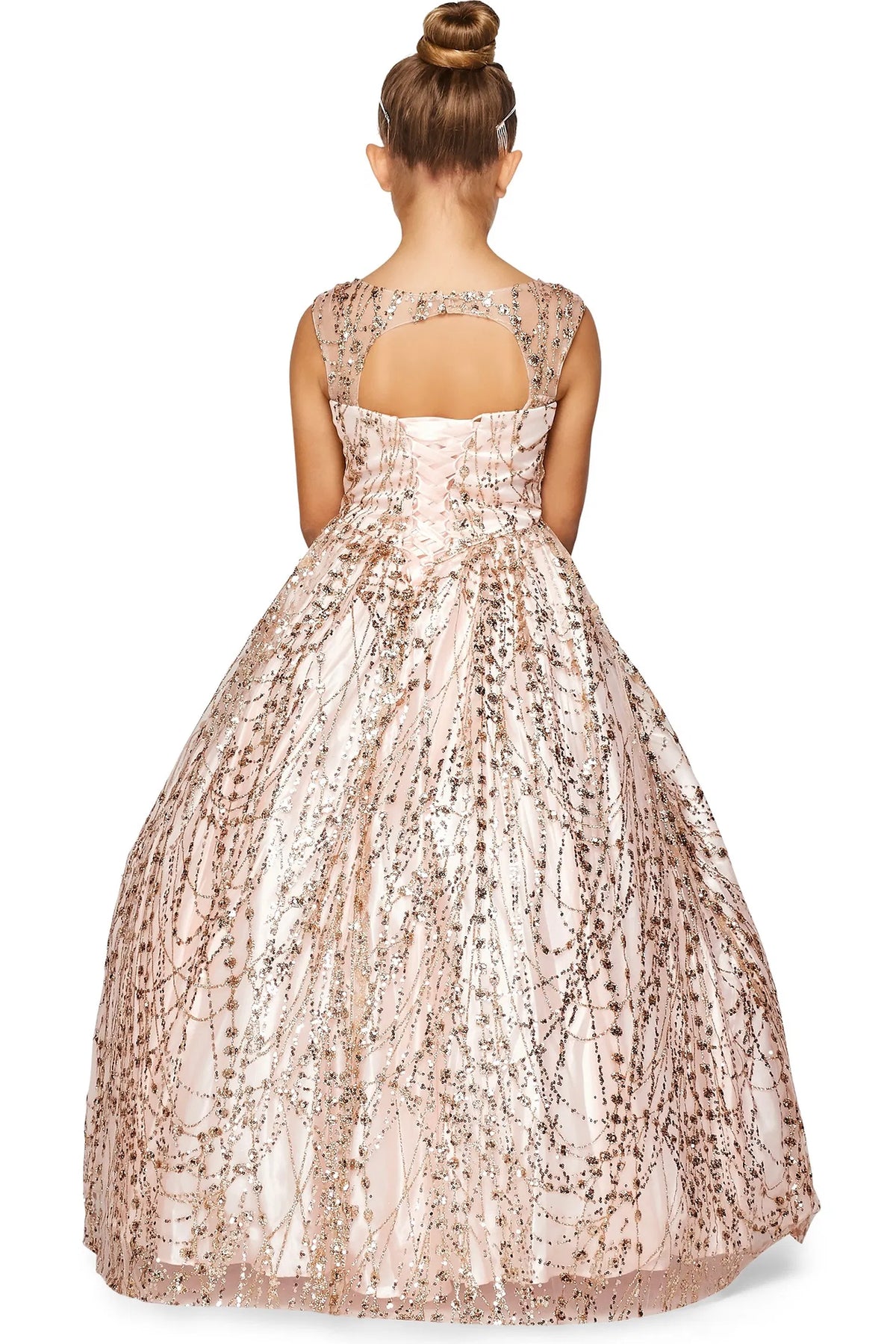 Details of this Rose Gold mini quince dress include a keyhole upper back with satin lacing.