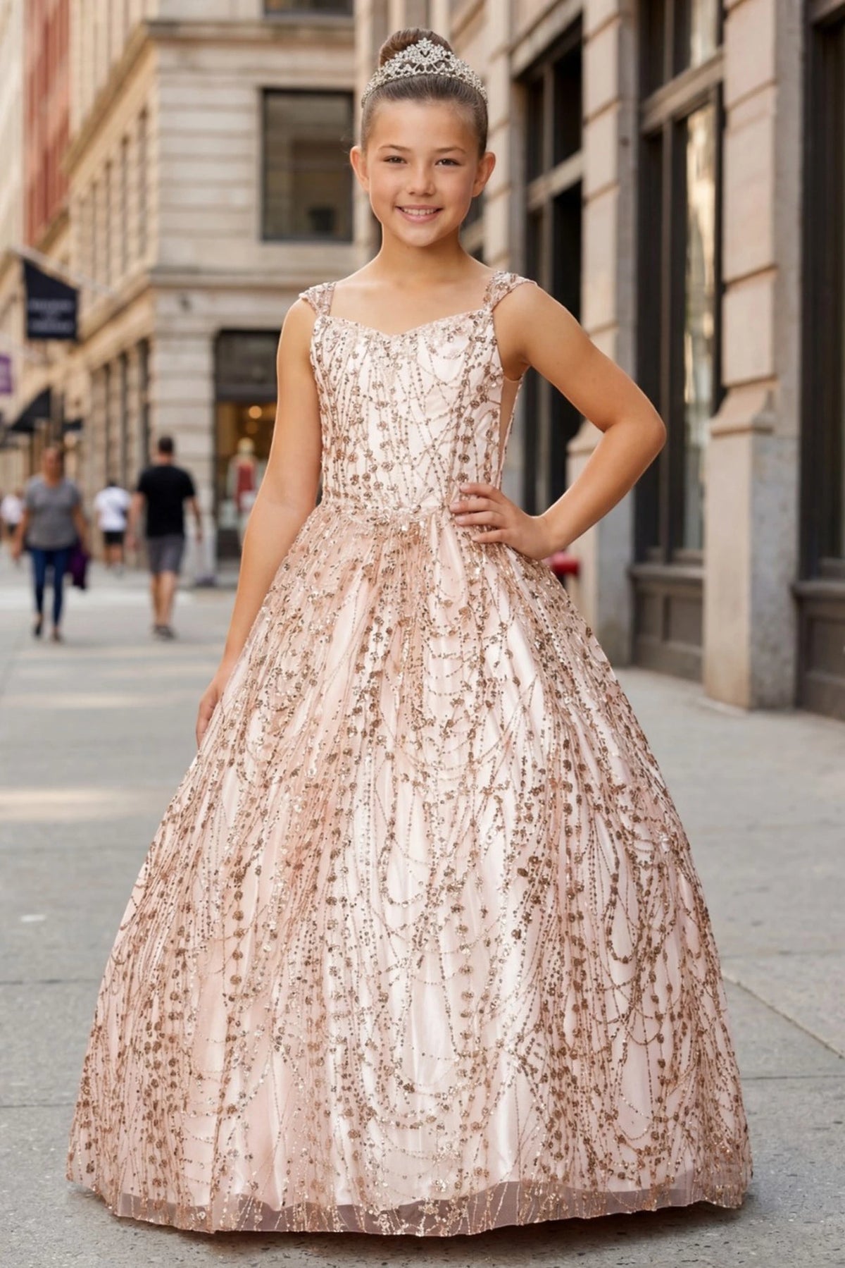 Rose Gold mini quince dress with a beaded bodice and metallic glitter skirt.