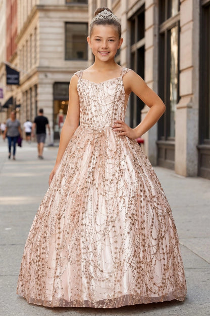 Rose Gold mini quince dress with a beaded bodice and metallic glitter skirt.