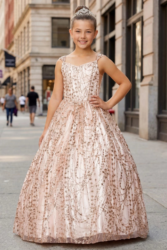 Rose Gold mini quince dress with a beaded bodice and metallic glitter skirt.