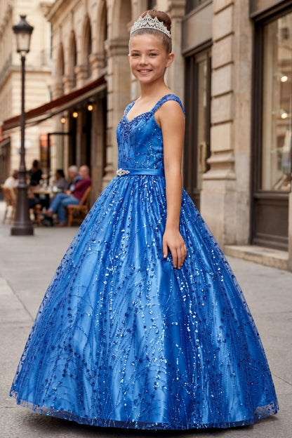 Showcasing a voluminous sparkling skirt and embellished bodice on the Royal Blue mini quince dress.