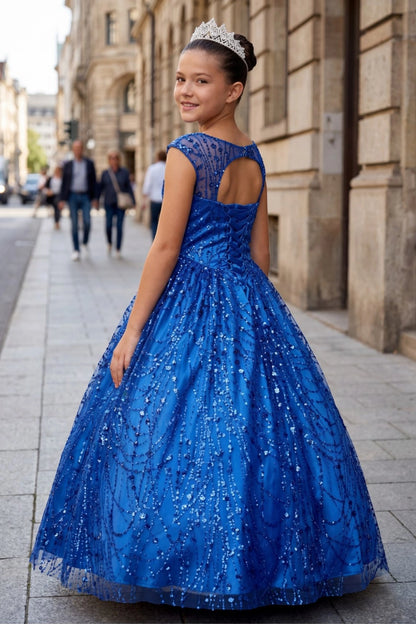 Details of this Royal Blue mini quince dress include glitter covering the fitted bodice and full skirt.