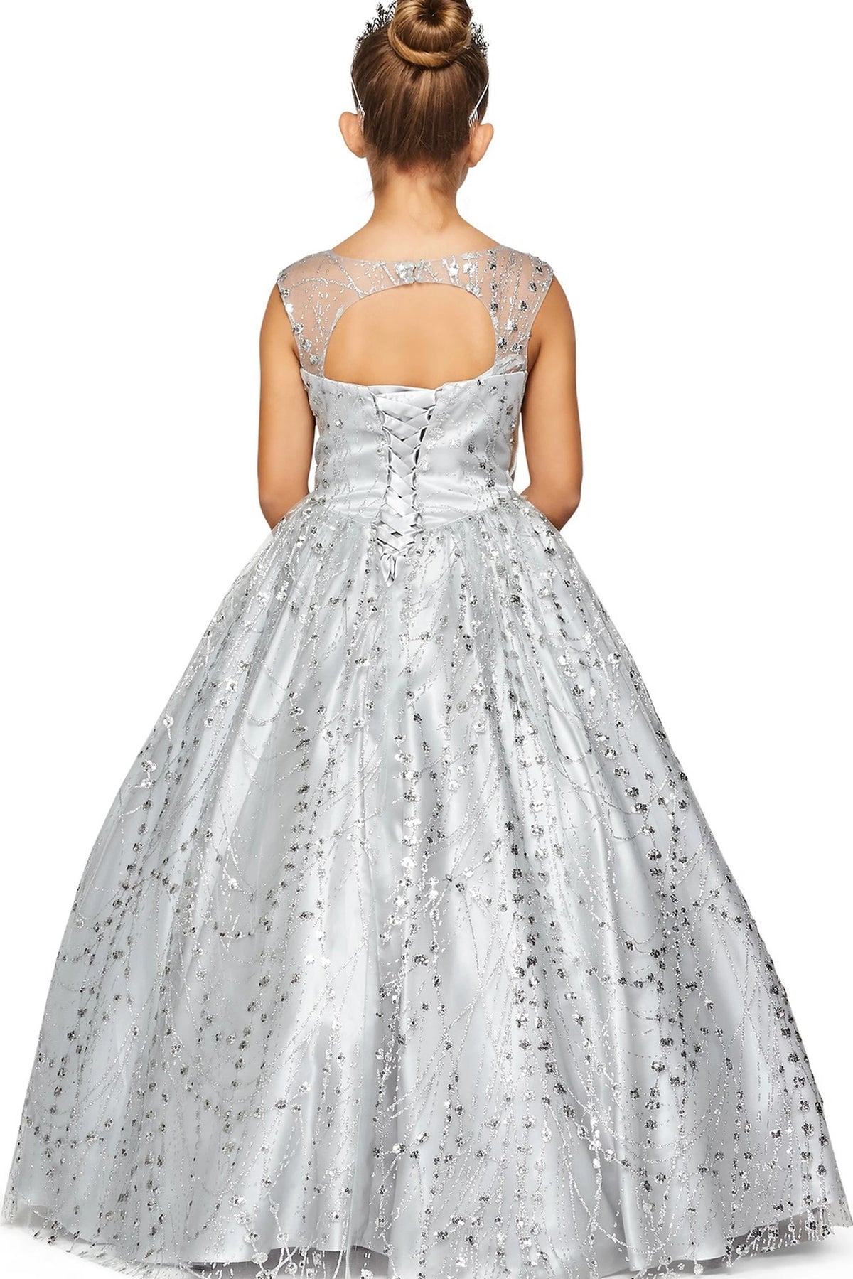 Details of this Silver mini quince dress include a keyhole upper back and satin lacing.