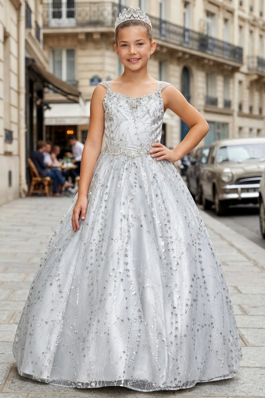 Silver mini quince dress with a sparkling bodice and metallic glitter skirt.