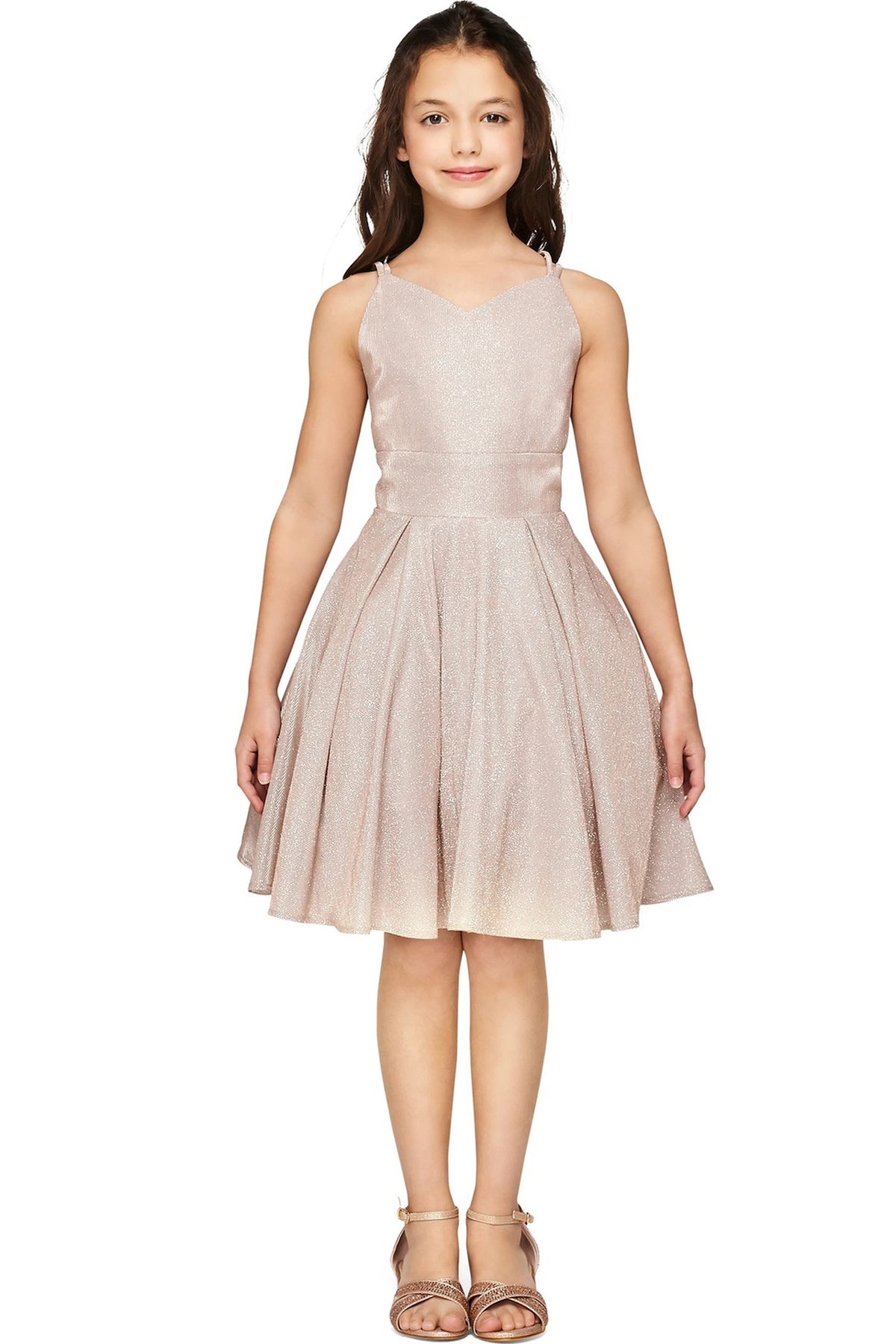Showcasing with metallic skirt pleats, this Rose Gold kids party dress displays elegant detail.