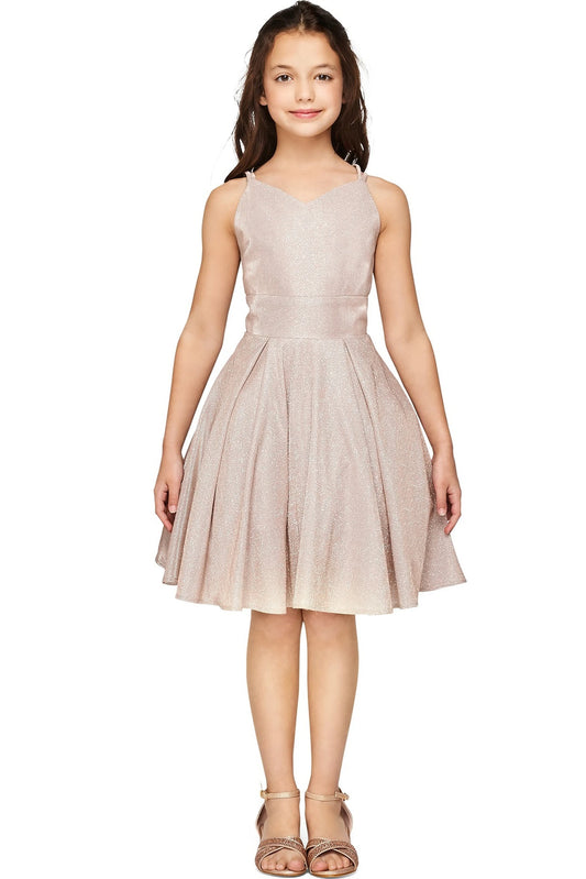 Showcasing with metallic skirt pleats, this Rose Gold kids party dress displays elegant detail.