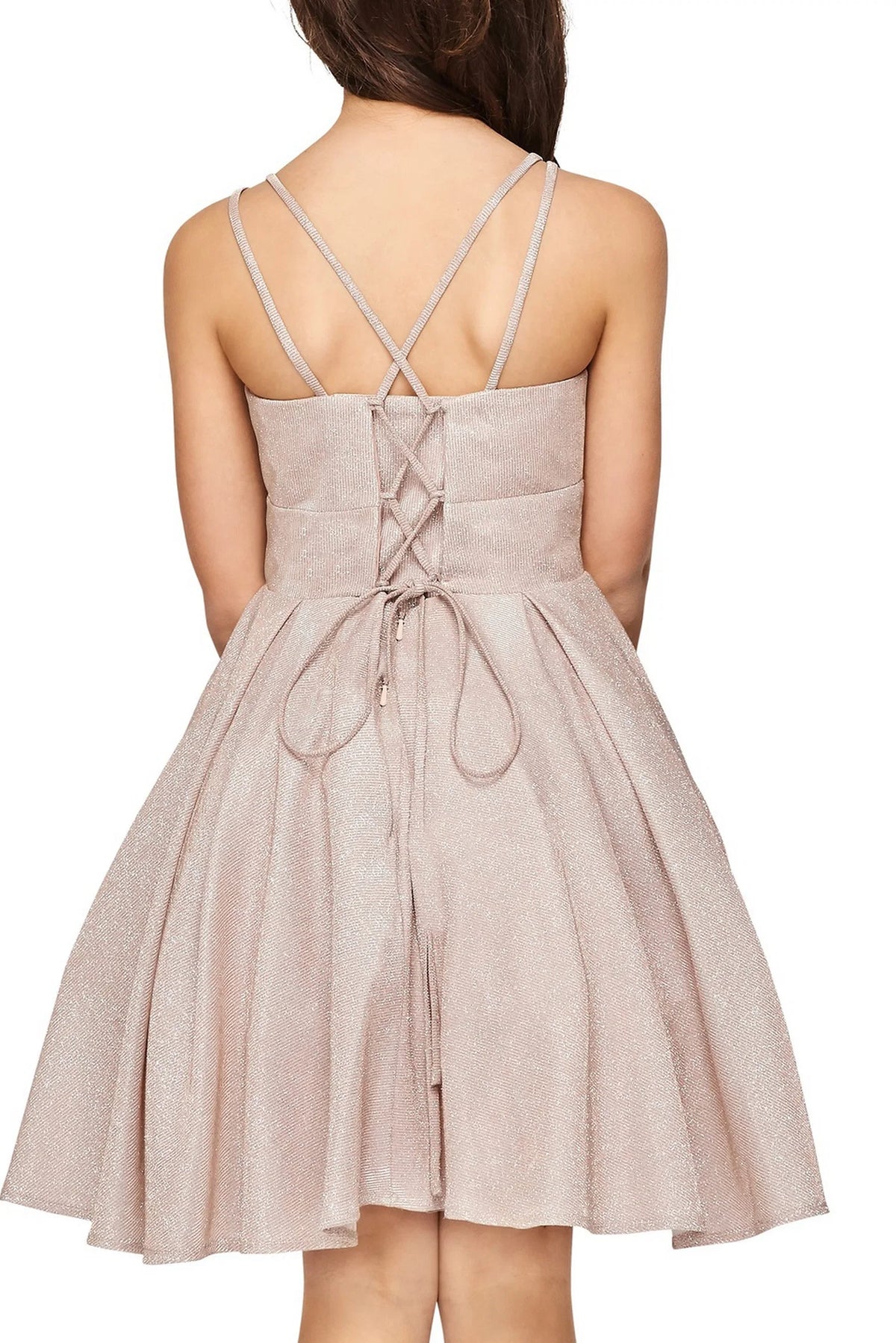 Finished details of back lacing and crossed straps distinguish the Rose Gold kids party dress.