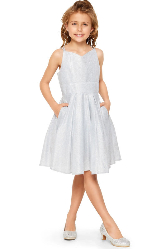 Showcasing with metallic skirt pleats, this Silver kids party dress displays elegant detail.
