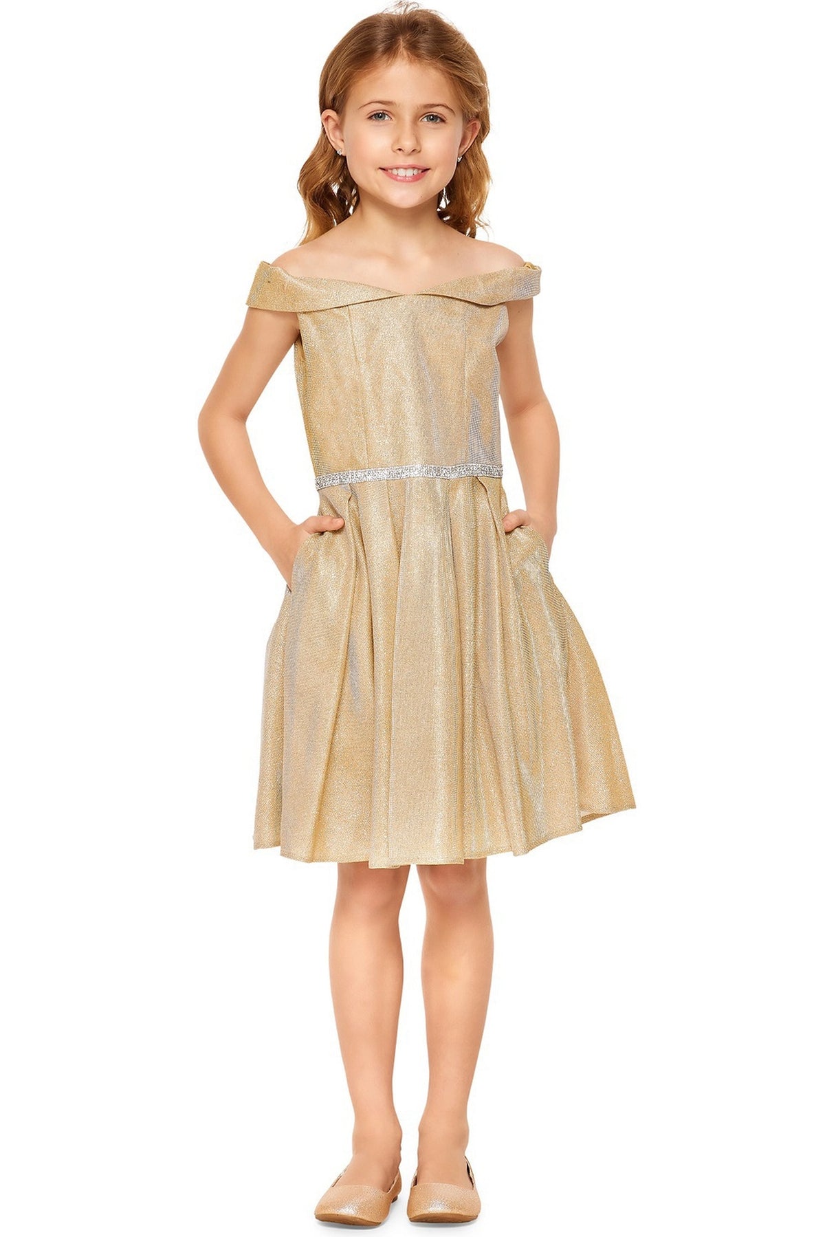 Showcasing with a folded off-shoulder neckline, this Gold kids party dress displays elegant detail.