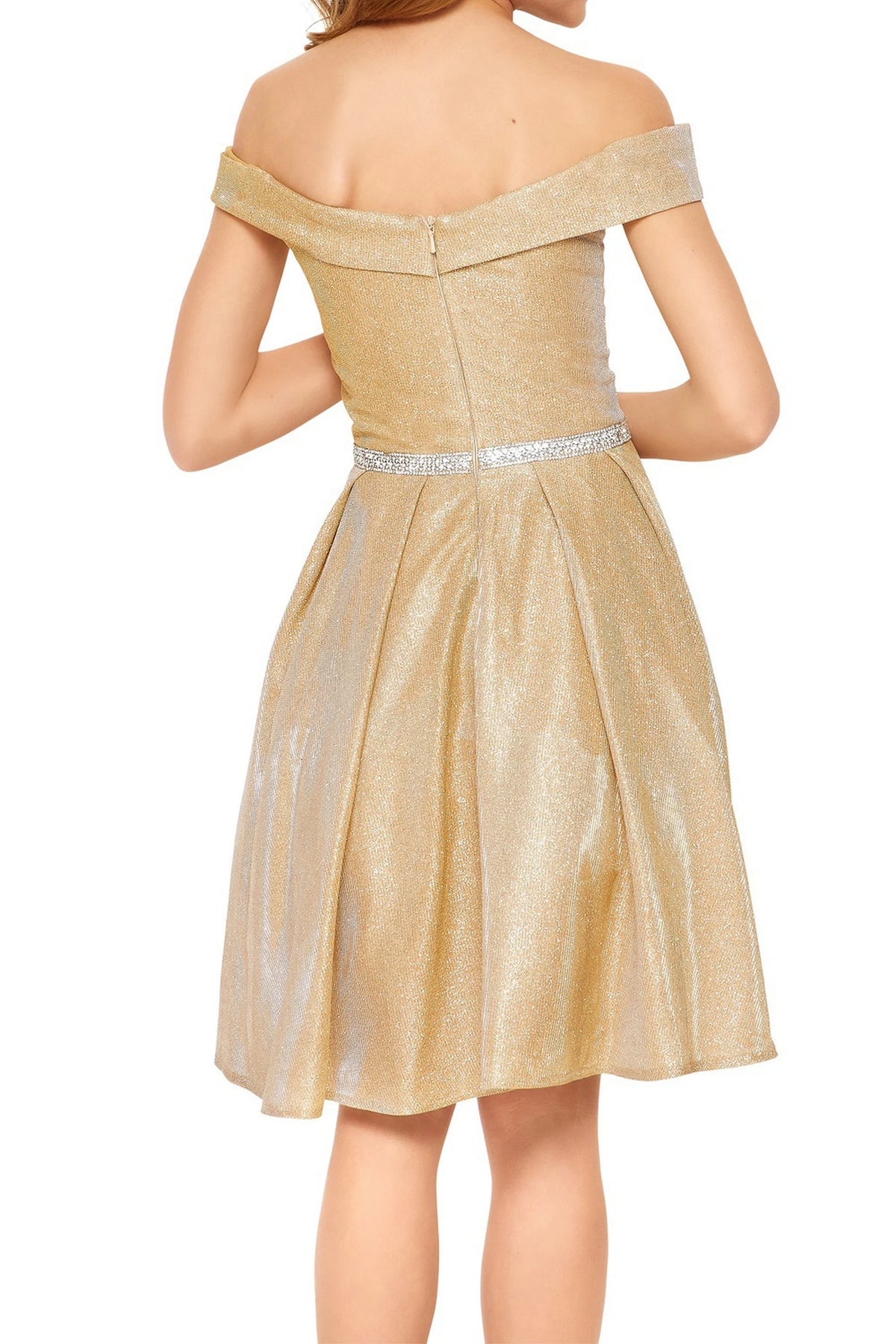Finished details of a folded off-shoulder neckline distinguish the Gold kids party dress.