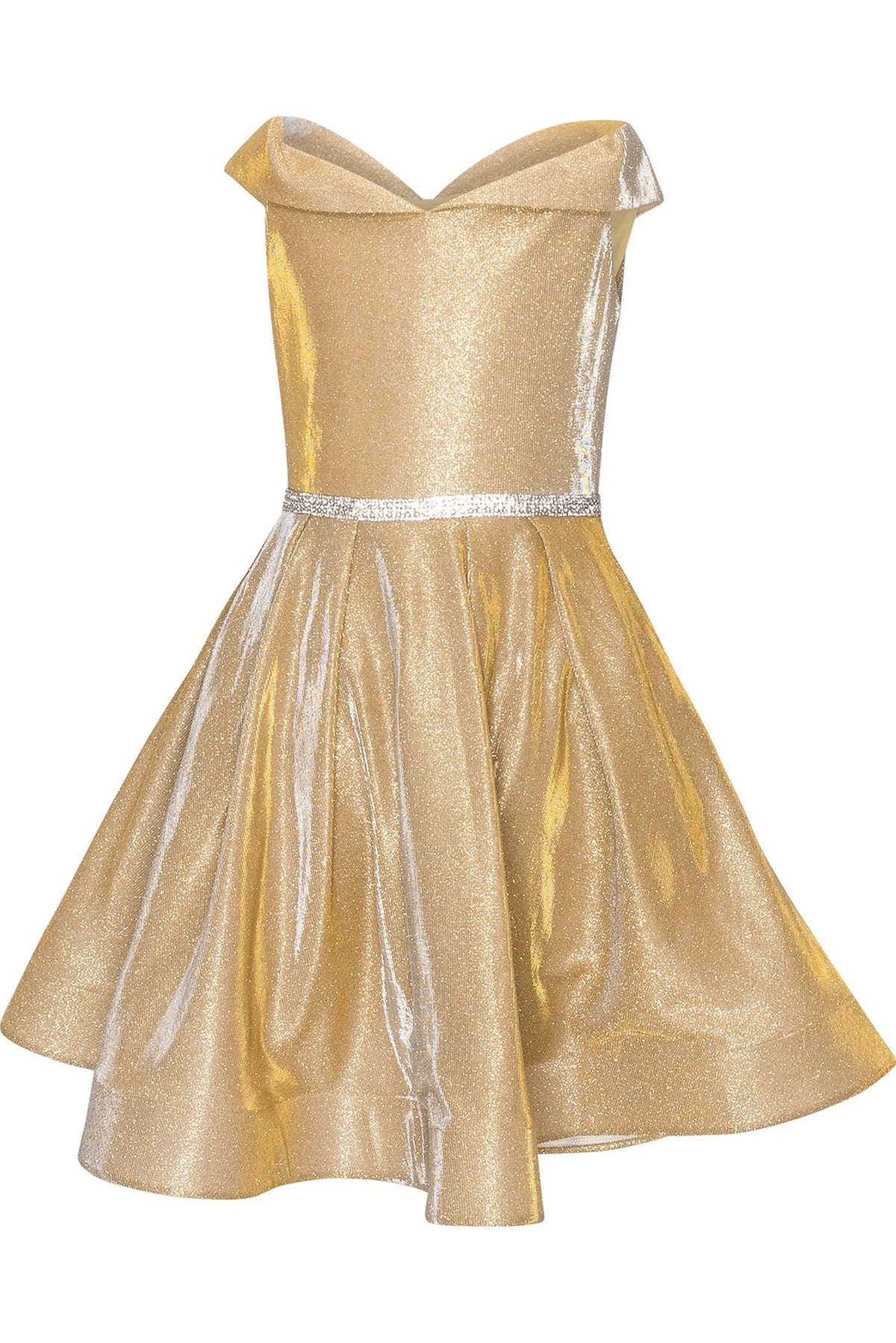 Accented a folded off-shoulder neckline adds character to this Gold kids party dress.