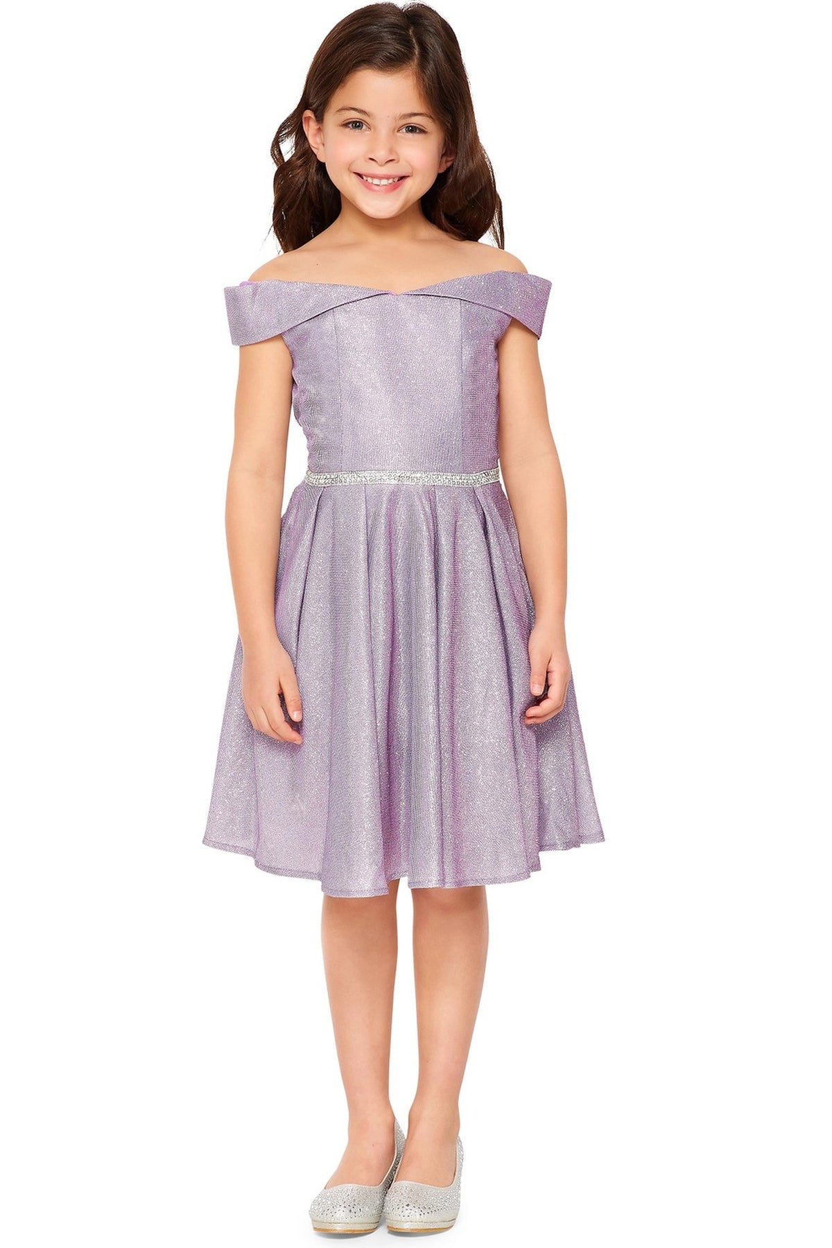 Showcasing with a folded off-shoulder neckline, this Lilac kids party dress displays elegant detail.
