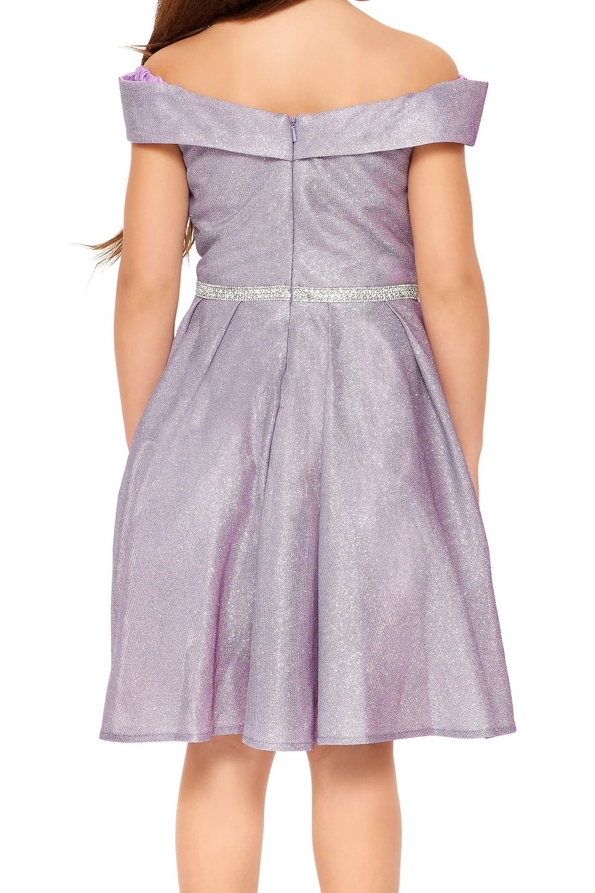 Finished details of a folded off-shoulder neckline distinguish the Lilac kids party dress.