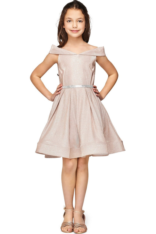 Showcasing with a folded off-shoulder neckline, this Rose Gold kids party dress displays elegant detail.