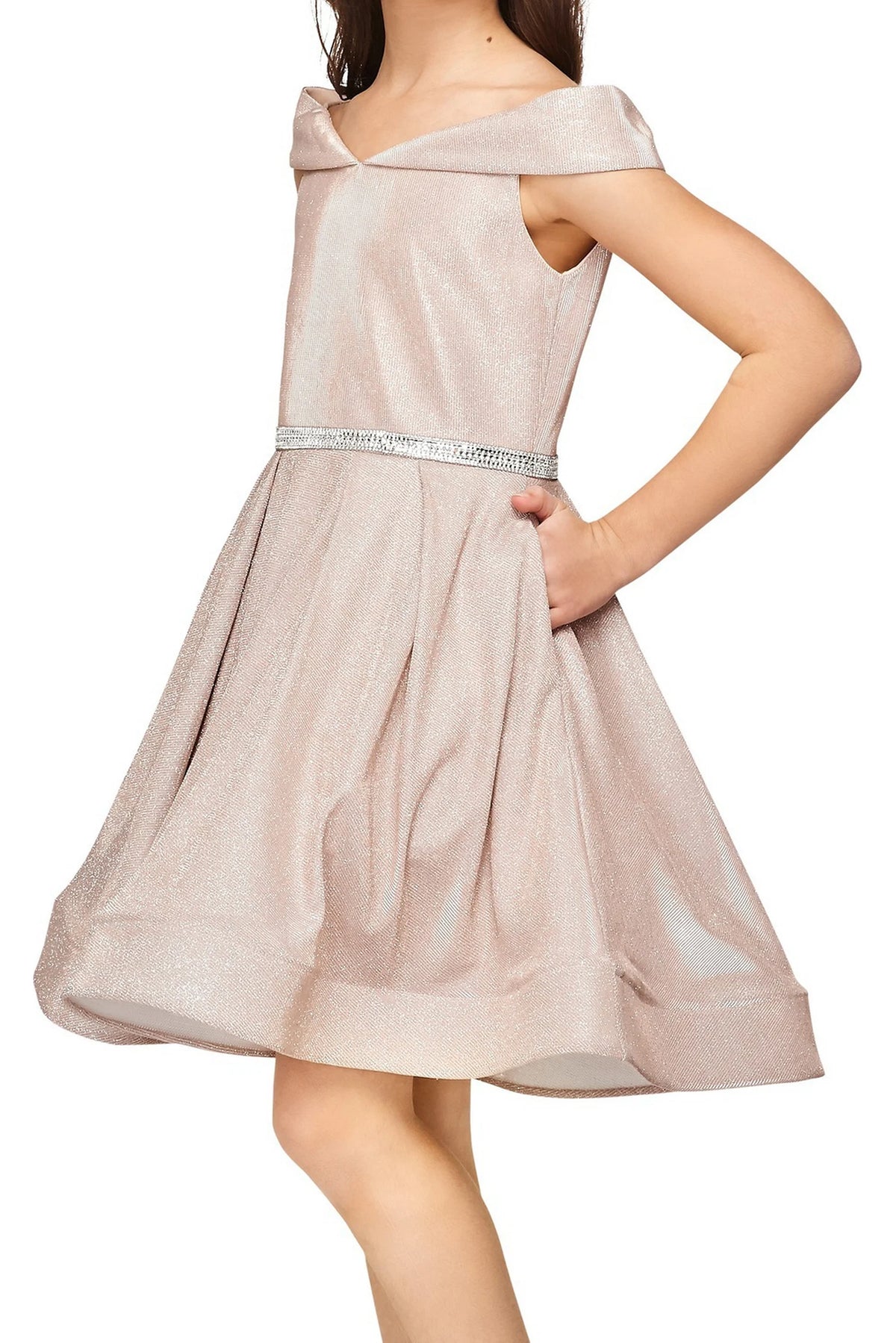 Accented a folded off-shoulder neckline adds character to this Rose Gold kids party dress.