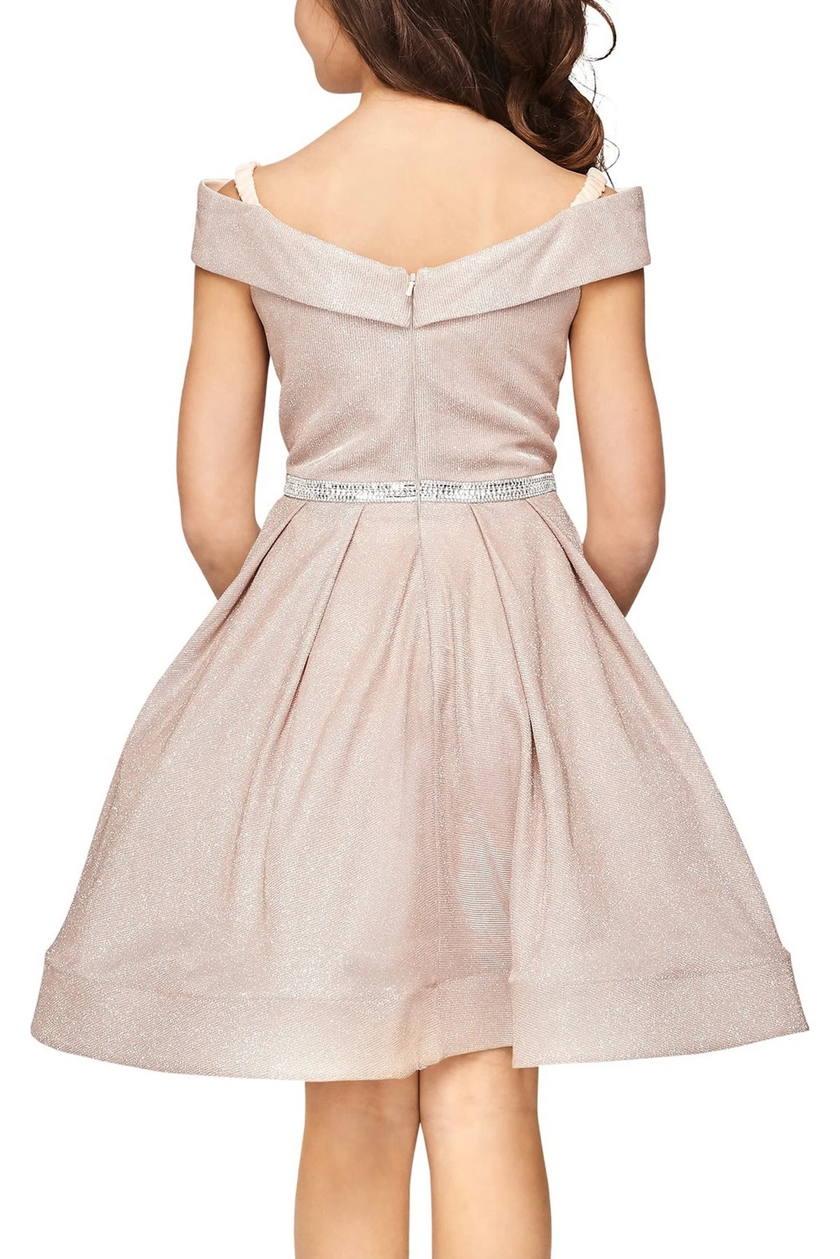 Finished details of a folded off-shoulder neckline distinguish the Rose Gold kids party dress.