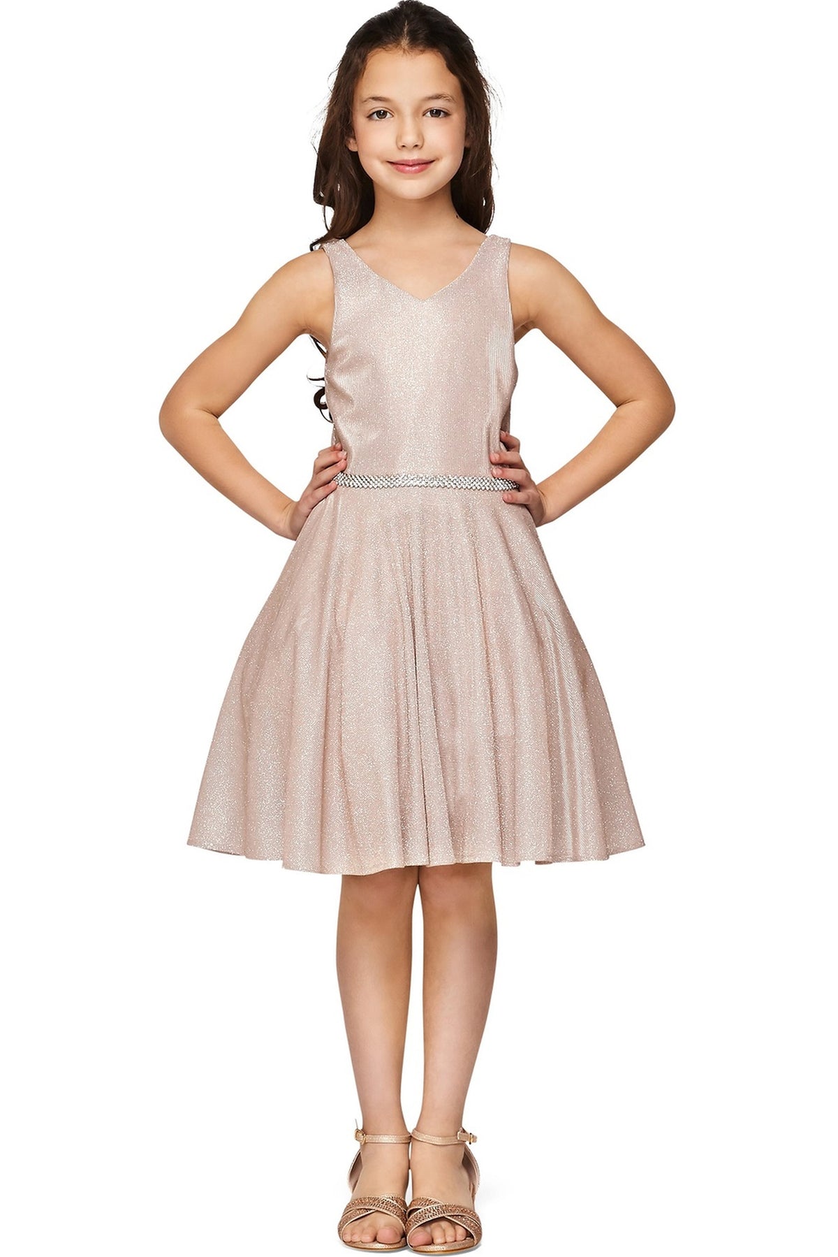 Showcasing with a metallic V-neck bodice, this Rose Gold kids party dress displays elegant detail.