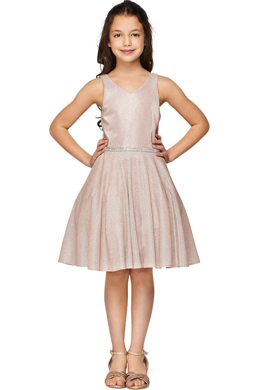 Showcasing with a metallic V-neck bodice, this Rose Gold kids party dress displays elegant detail.