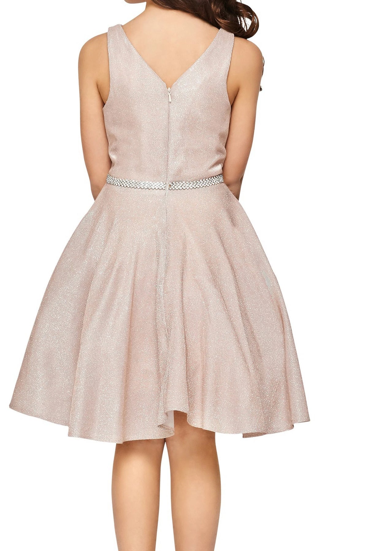Finished details of a V-shaped back distinguish the Rose Gold kids party dress.