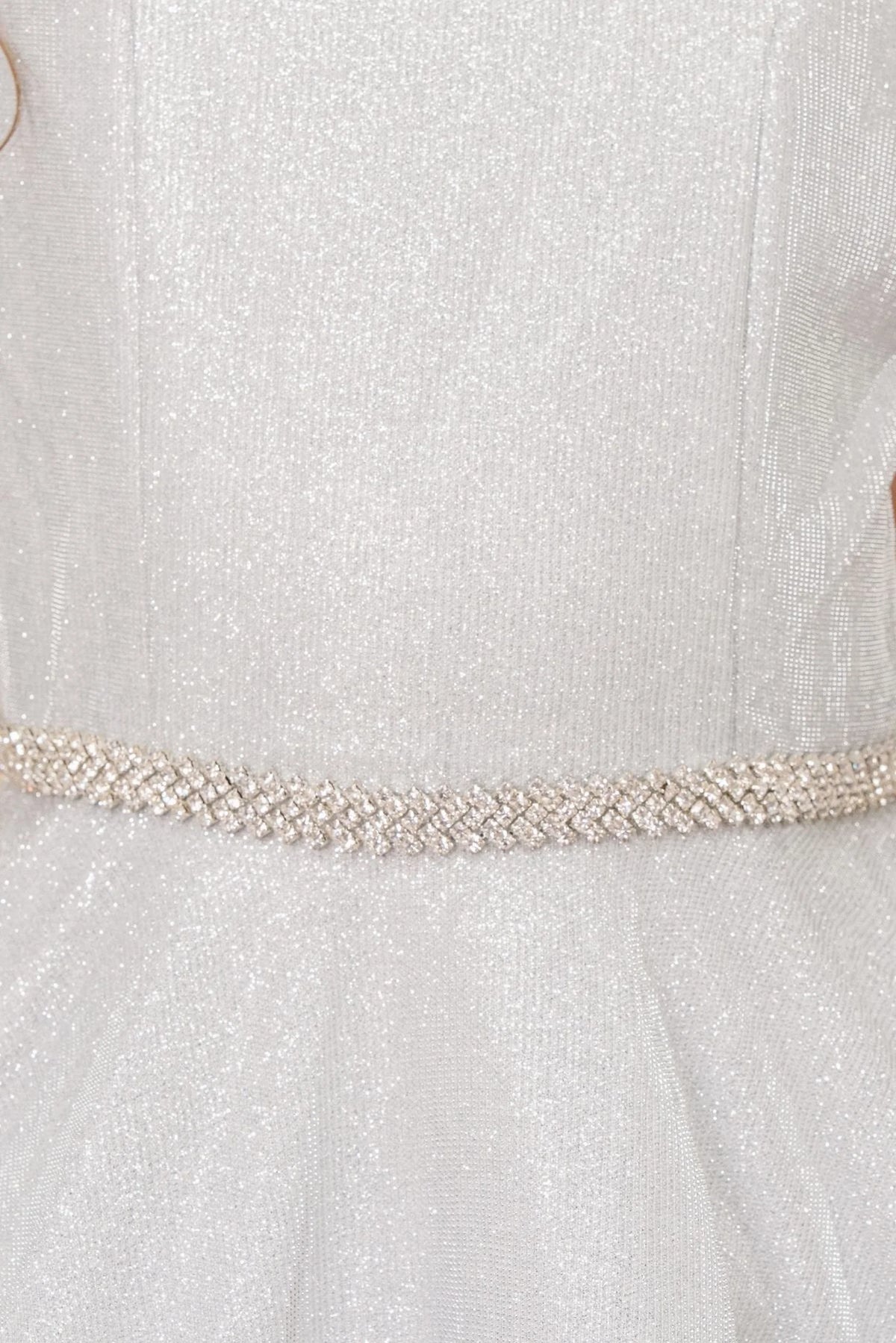 Accented a metallic V-neck bodice adds character to this Silver kids party dress.