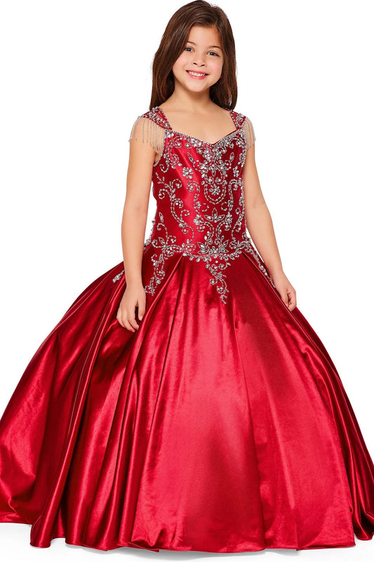Burgundy mini quince dress with crystal beading and a full satin skirt.