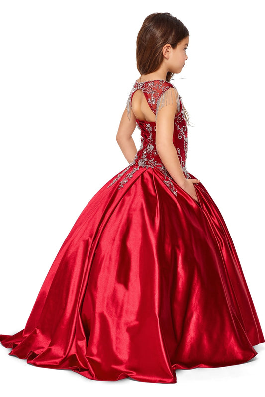 Details of this Burgundy mini quince dress include a keyhole back and satin sweep train.