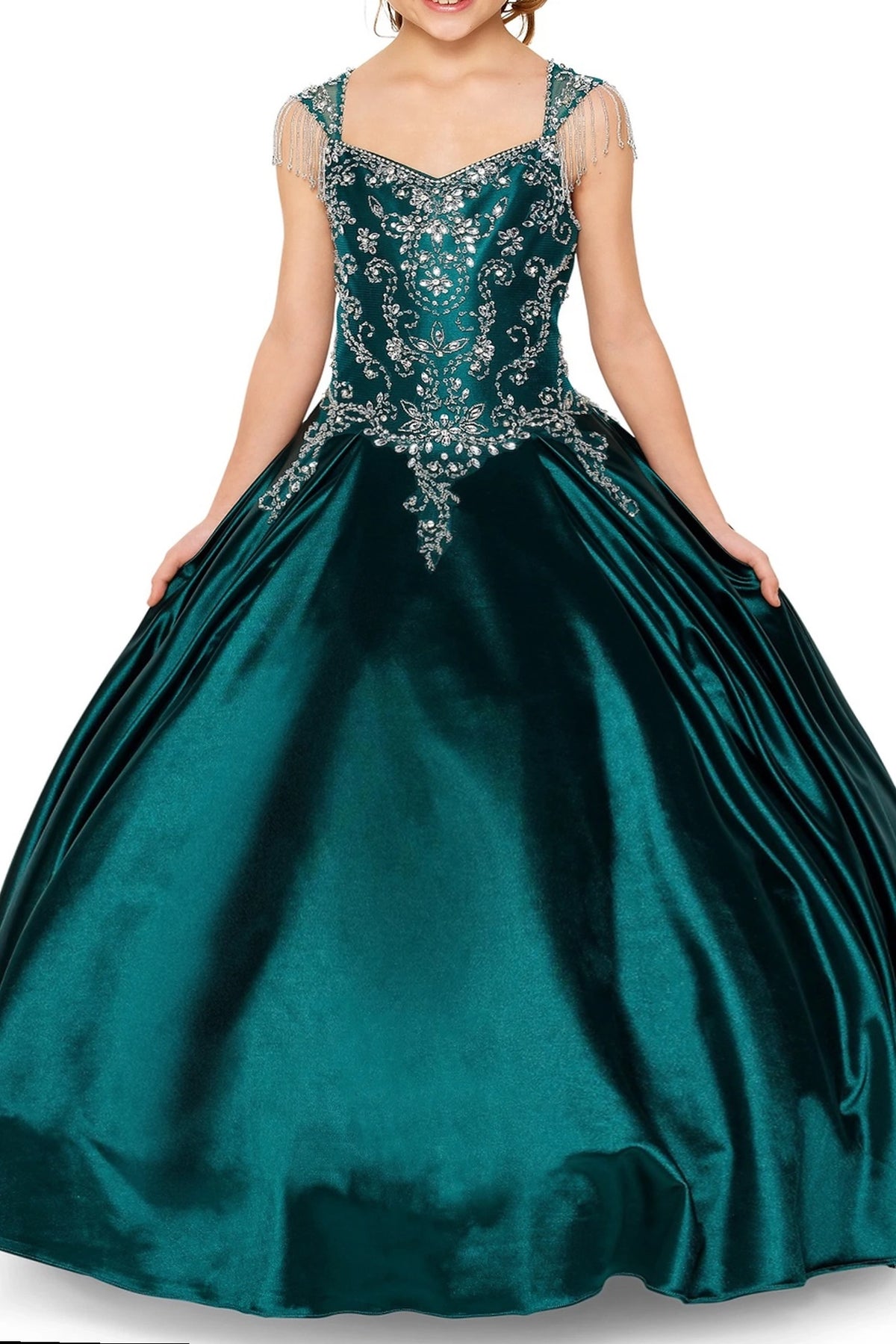 Hunter Green mini quince dress with a crystal-beaded bodice and full satin skirt.