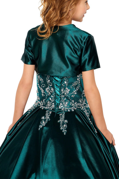Details of this Hunter Green mini quince dress include a matching short-sleeve satin jacket.