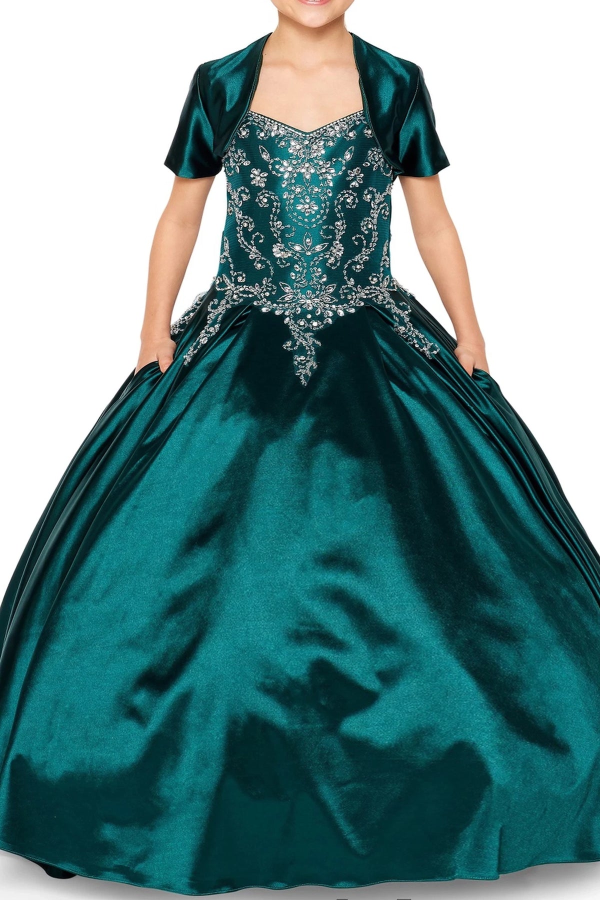 Showcasing a matching satin jacket over a jeweled bodice on the Hunter Green mini quince dress.