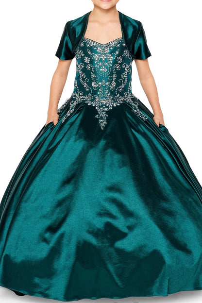 Showcasing a matching satin jacket over a jeweled bodice on the Hunter Green mini quince dress.