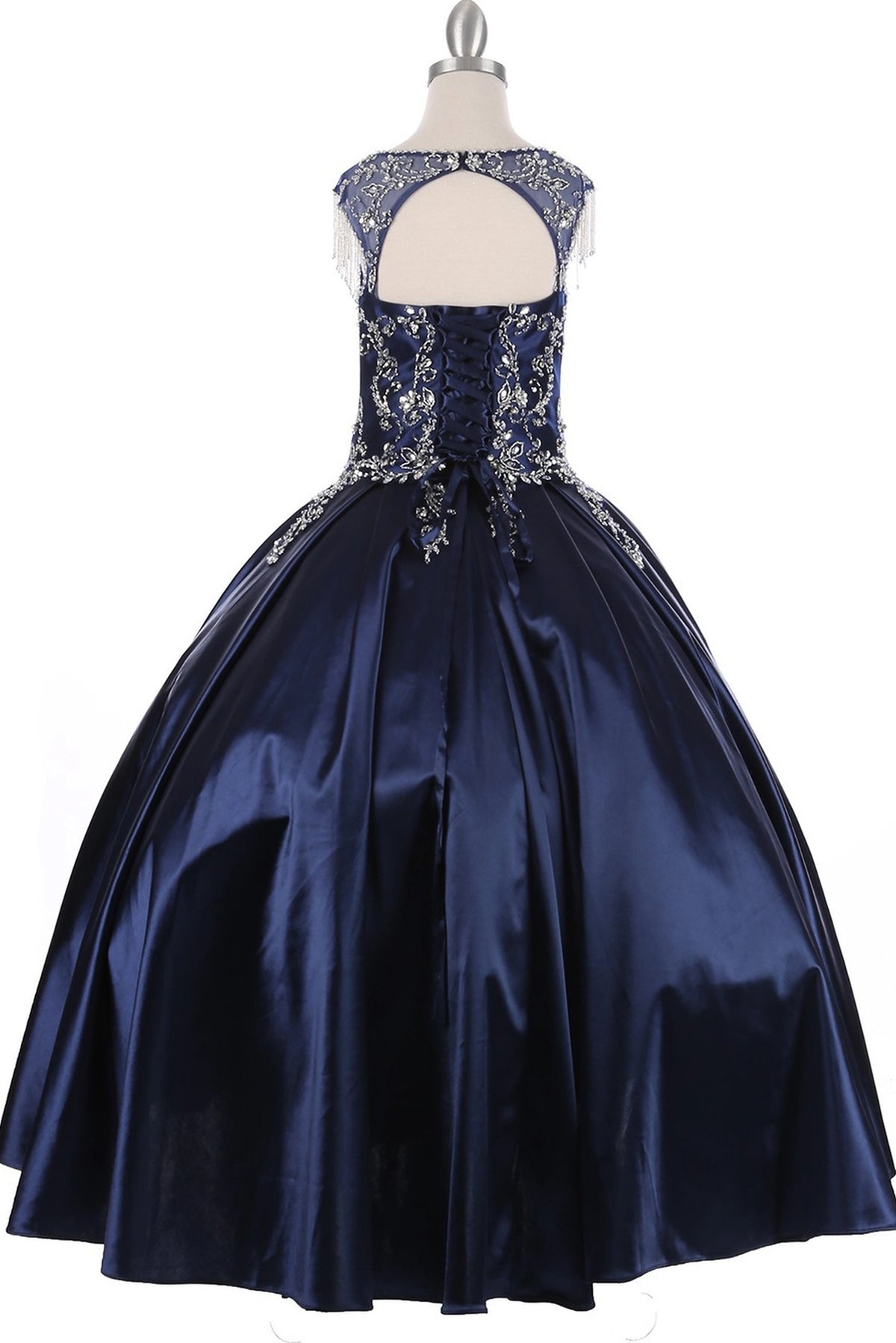 Details of this Navy mini quince dress include a keyhole upper back and satin lacing.